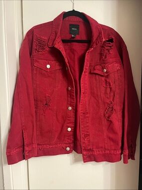 NWOT Mens Forever 21 Red Distressed Denim Jacket L !